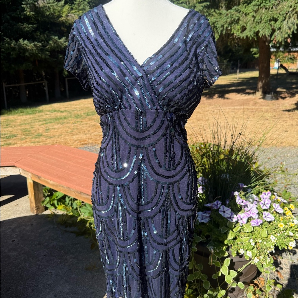MARINA Navy Sequin Midi Dress